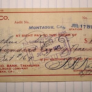 1912 YRR Co Railroad Check Montague CA Siskiyou County Bank Antique